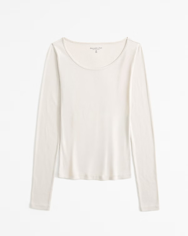 Long-Sleeve Featherweight Rib Tuckable Wide Scoopneck Top | Abercrombie & Fitch (US)