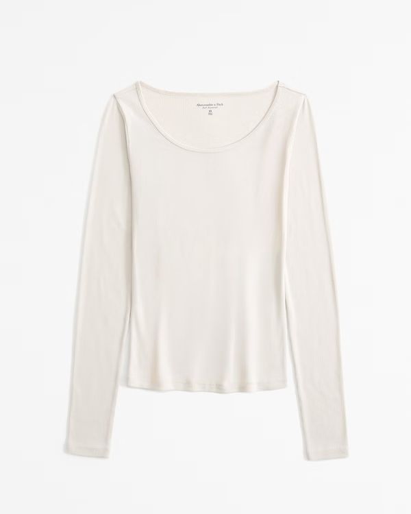 Long-Sleeve Featherweight Rib Tuckable Wide Scoopneck Top | Abercrombie & Fitch (US)