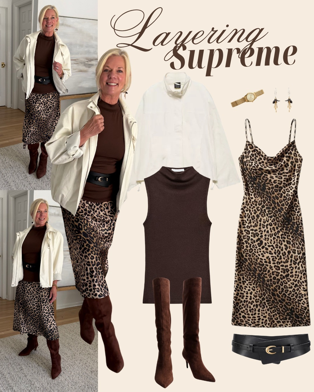 Proof that layering can be an art form. 🤎 A leopard slip dress under a brown turtleneck, cinched with a black belt, topped with a cream jacket, and finished with suede knee-high boots — this is fall dressing at its best. Items linked below, similar items included — shop before they sell out! 🍂 #leopardprint #falllayers #layeringoutfit #kneehighboots #fallstyle #fashionover50 #LTKover50 #LTKstyletip 

 #LTKootd #LTKSeasonal #LTKOver40