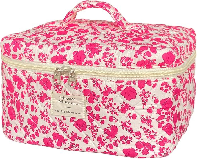 Rose Red Large Quilted Floral Makeup Bag Cute Soft Coquette Aesthetic Cosmetic Bag Cotton Travel ... | Amazon (US)