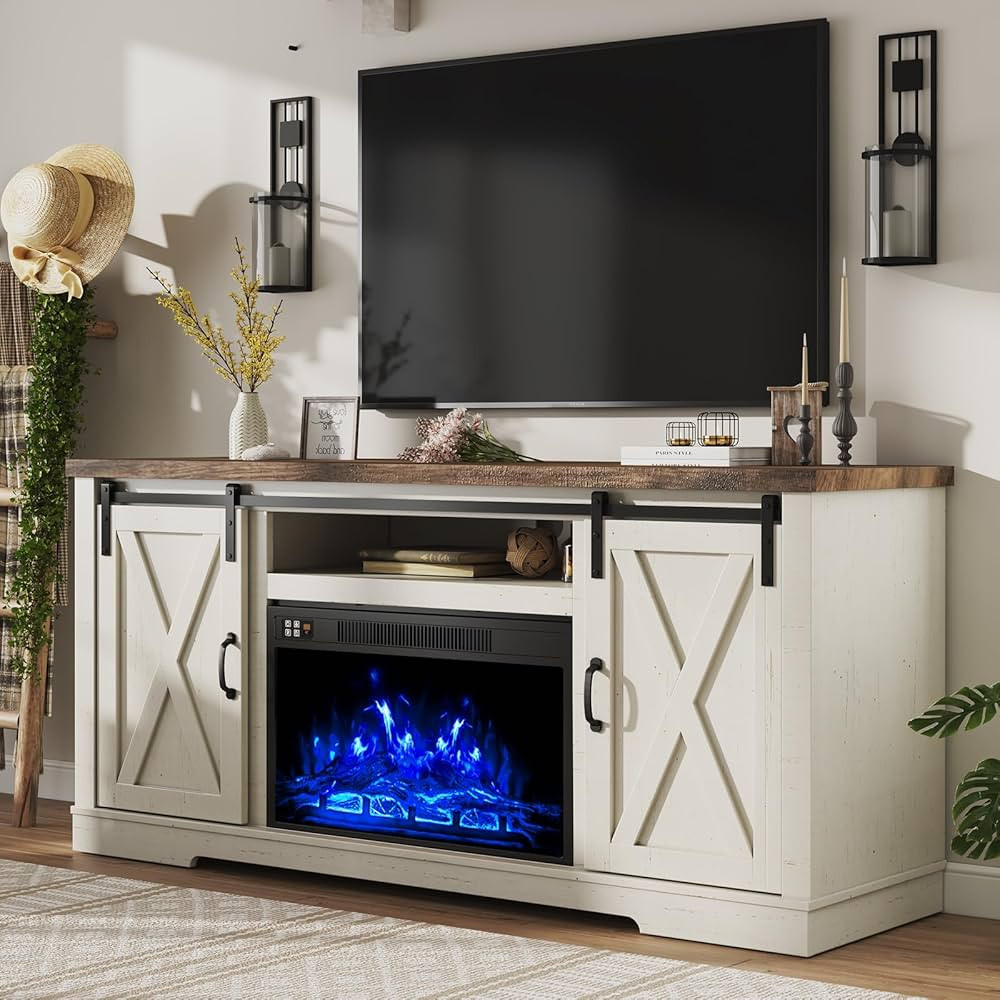 AMERLIFE Fireplace TV Stand with Sliding Barn Door for TVs up to 73", Farmhouse 63" Fireplace Ent... | Amazon (US)