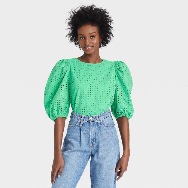 Women's Short Puff Sleeve Eyelet Top - A New Day™ | Target