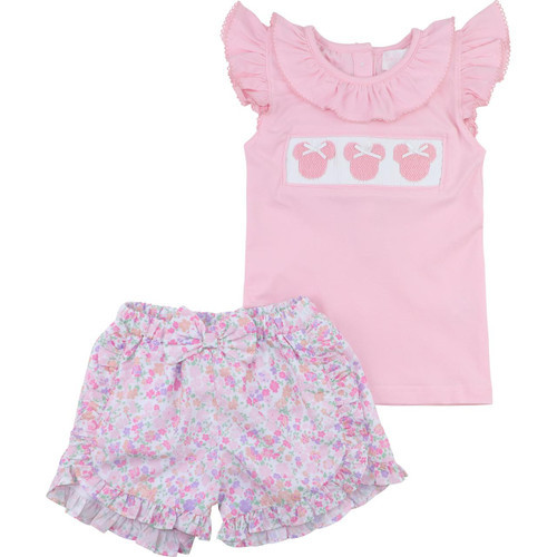 Pink Smocked Mouse Ears Floral Short Set | Cecil and Lou