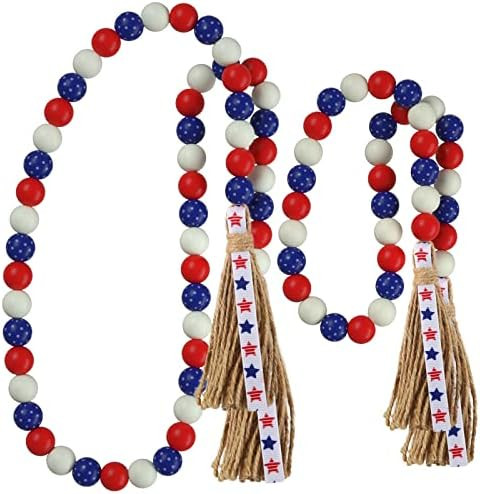 Patriotic Wood Bead Garland,YuanDe 2pcs 4th of July American Wooden Beads String Jute Rope Tassel... | Amazon (US)