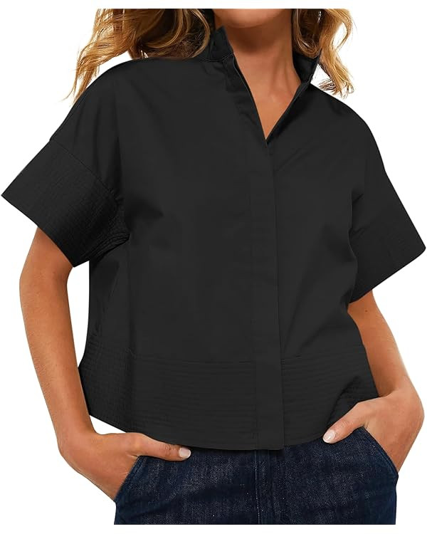 Cicy Bell Womens Cropped Short Sleeve Button Down Shirts Pleated Summer Dressy Casual Blouse Stan... | Amazon (US)