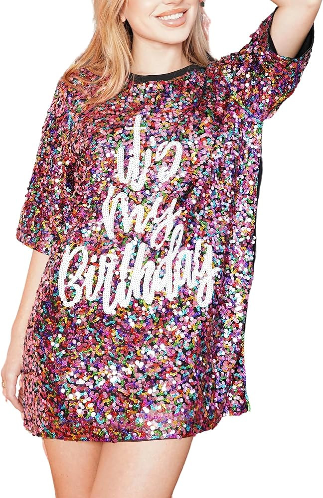 Jaytep Women's Sequin T Shirt Dress It's My Birthday One Size Fits All (Sequin One Side) | Amazon (US)