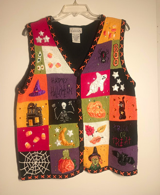 Vtg 1990's Basic Editions Women's Halloween Patchwork Knit Sweater Vest L Black | eBay US