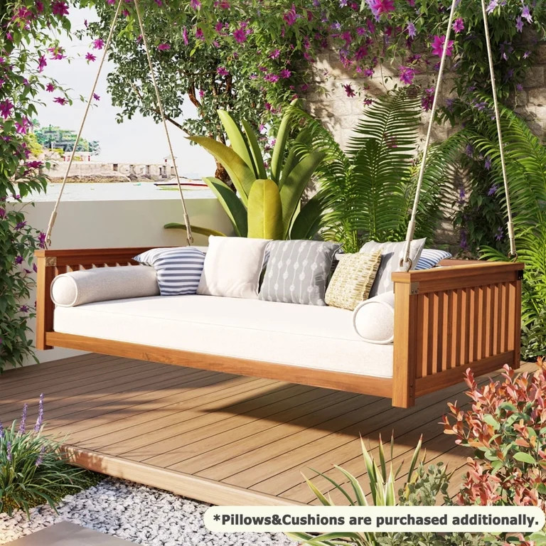 Newboti Furniture Patio Minimalist Twin Size Garden Swing Bed Wood Porch Swing with Ropes for Bac... | Walmart (US)