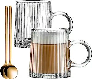 Buaic Glass Coffee Mugs, 10 Oz Set of 2 Vertical Stripes Glass Cups Vintage Coffee Cups, Tea Cups... | Amazon (US)
