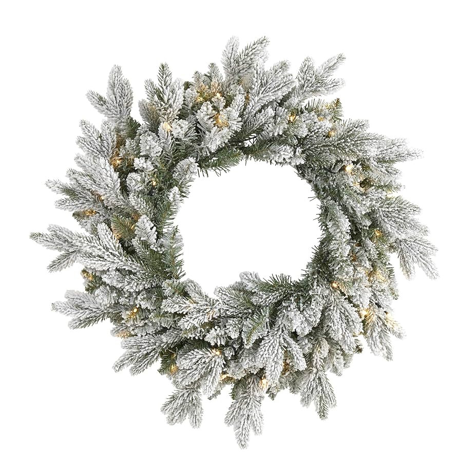 Nearly Natural 24in. Flocked Artificial Christmas Wreath with 50 LED Lights | Amazon (US)