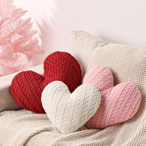 Valentine Pillows: 3 Pack Cable Knit Textured Heart Throw Pillows, Soft Cushions Valentines Pillo... | Amazon (US)
