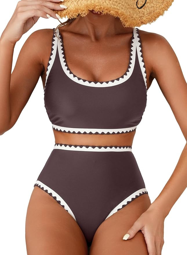 Herseas Women's Bikini Sets Floral Print Whip Stitch 2 Piece Swimsuits High Waisted Scoop Bathing... | Amazon (US)