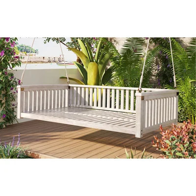 Patio Minimalist Twin Size Garden Swing Bed Wood Porch Swing with Ropes for Backyard, Safe Sloped Design, White | Wayfair North America