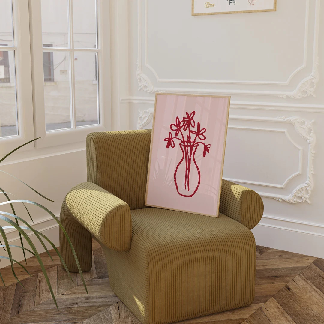 Hand Drawn Vase of Flowers Print, Digital Art Print, Large Poster Pink and Red, Modern Wall Art, ... | Etsy (US)