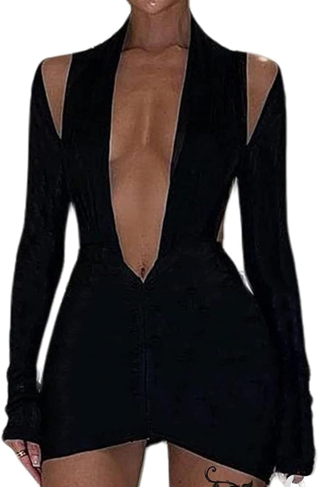 Hilinker Women's Sexy Deep V Neck Bodycon Dress Long Sleeve Ruched Cut Out Mini Party Dresses | Amazon (US)