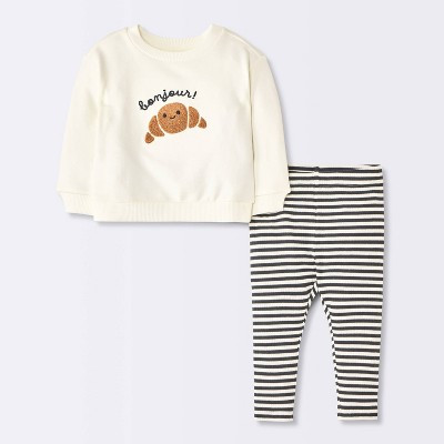 Baby Bonjour Croissant Sweatshirt and Striped Leggings Set - Cloud Island™ Cream 0-3M | Target