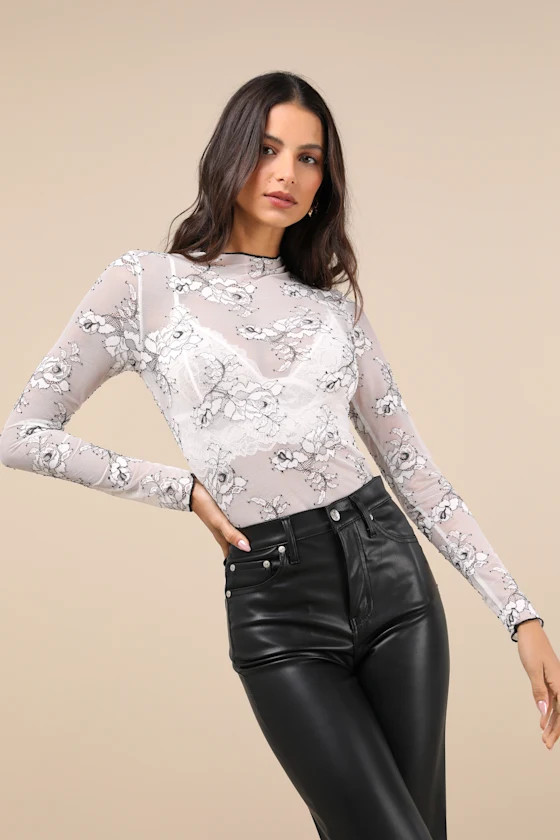 Immensely Flirty White Sheer Mesh Lace Long Sleeve Top | Lulus