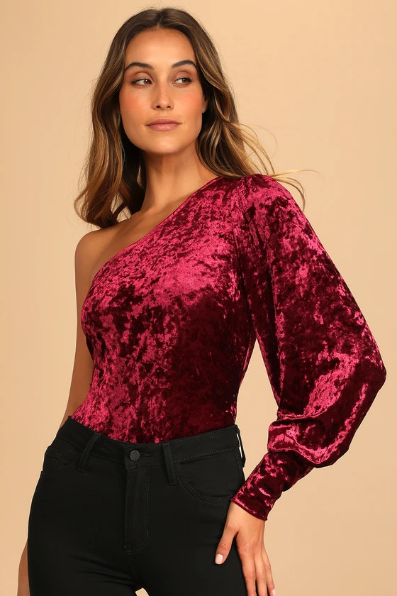 Cheer and Delight Burgundy Crushed Velvet One-Shoulder Bodysuit | Lulus (US)