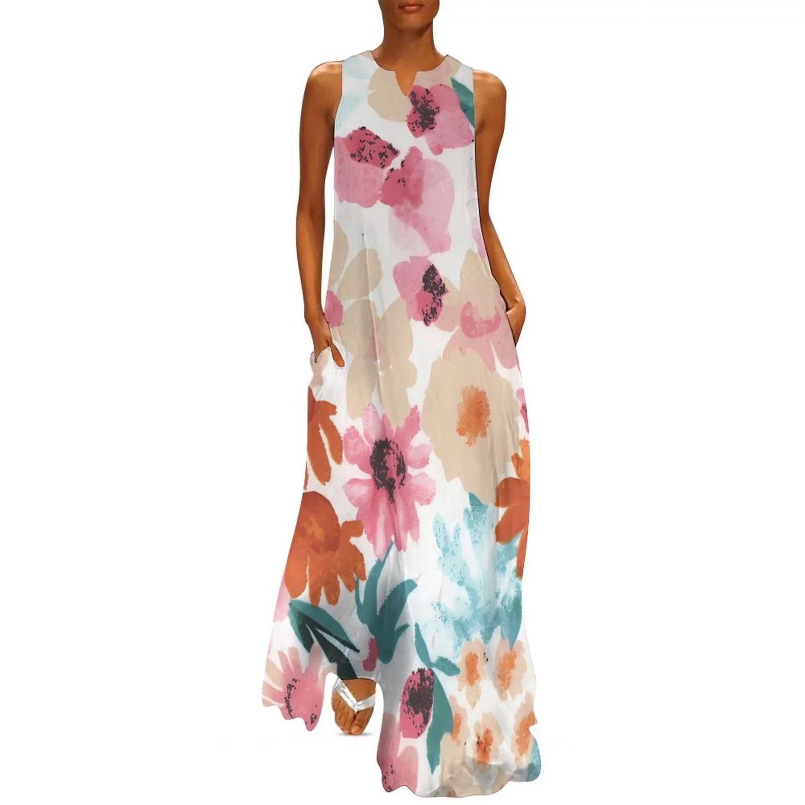 Beppter Women's Summer Maxi Dress Casual Loose Sleeveless Long Dress with Pockets Vintage V Neck ... | Walmart (US)