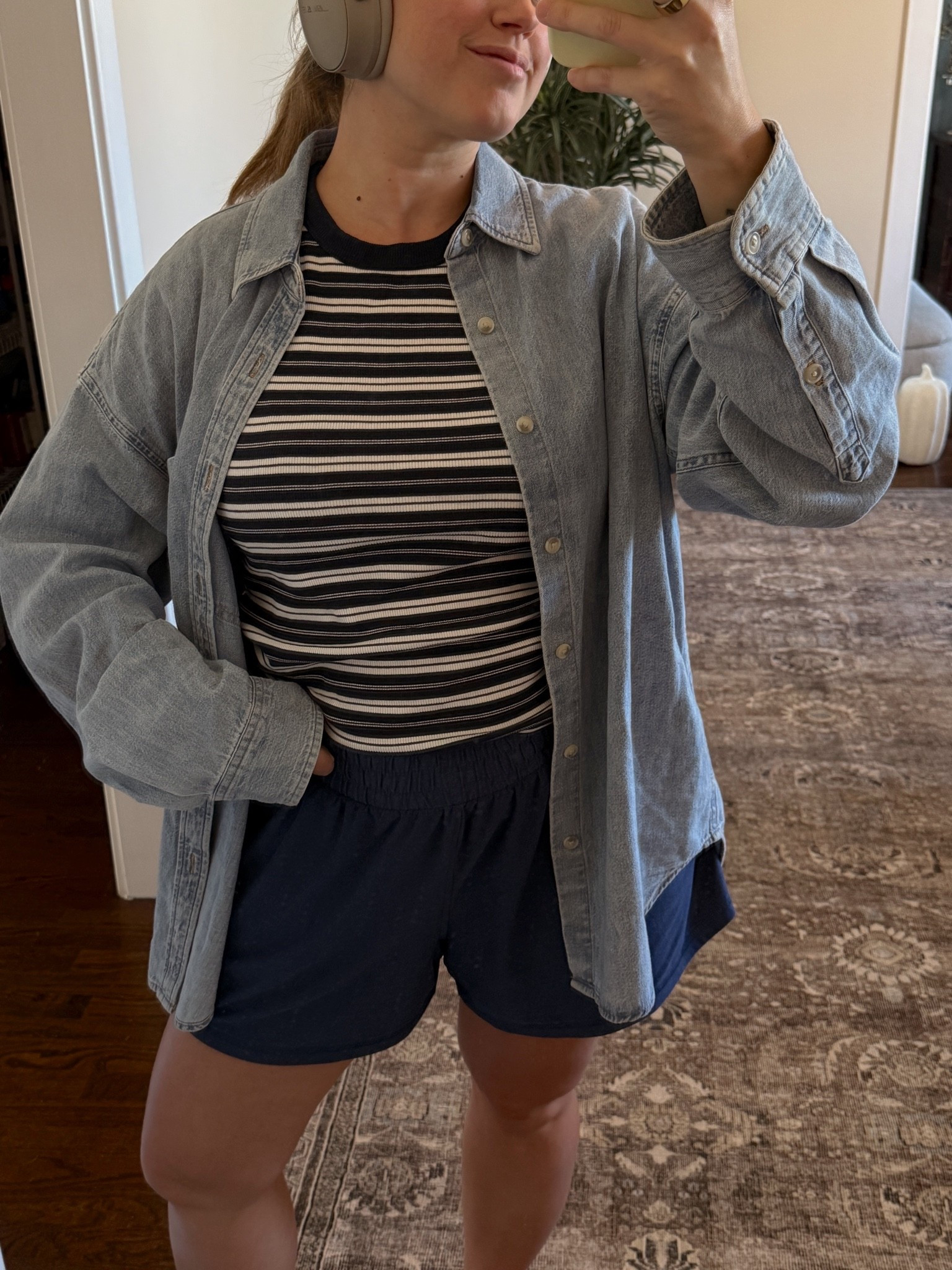 Comfy casual outfit - my fav denim shirt from @Aritzia size medium, fits oversized.
Tshirt is old navy, size large 
Shorts from @Walmart size large

#LTKootd #LTKSaleAlert #LTKMidsize