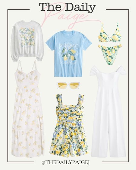 Loving this lemon pattern trend for summer! 🍋 I am obsessed with the light colors mixed with the yellow to make an outfit pop. This adorable lemon swimsuit and lemon romper are currently on sale with the Abercrombie sale! This white off the shoulder romper would be perfect for a bride for a shower or a bachelorette with a theme of she found her main squeeze. Also, love the graphic tee and crewneck to wear from spring to summer if you’re looking for a good pop of color. 

Bride to be outfits, women’s maxi dresses for summer, Abercrombie sale, bridal shower outfits, bachelorette outfit 

#LTKWedding #LTKSaleAlert #LTKFindsUnder100