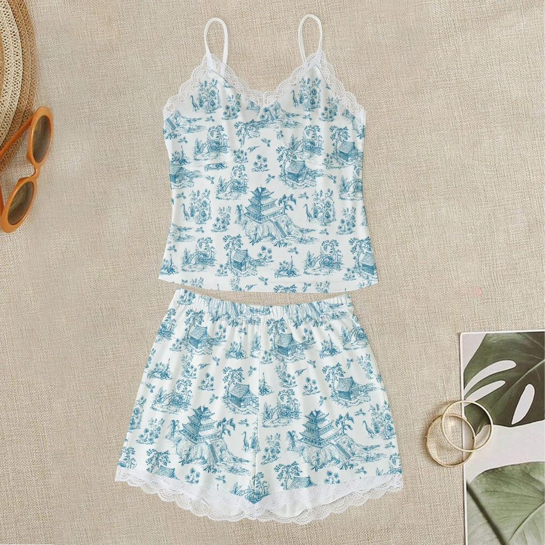 Blue white Chinoiserie Summer Pajama set, boho pattern print PJS, Bridesmaid pajamas, Bridesmaid ... | Etsy (US)
