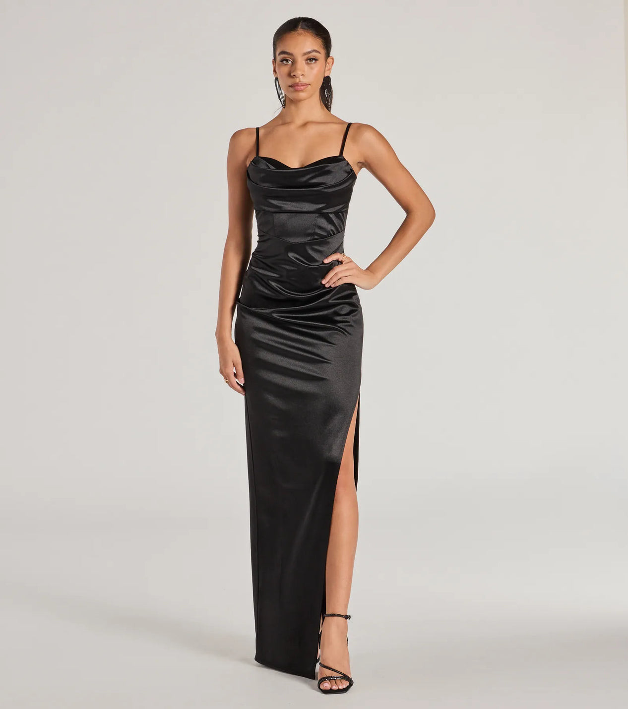 Iliana Cowl Neck High Slit Satin Column Dress | Windsor Stores