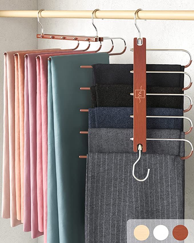 MORALVE Pants Hangers Space Saving - 2 Pack Wood Scarf Hangers for Closet Organizer - Jean Hanger... | Amazon (US)