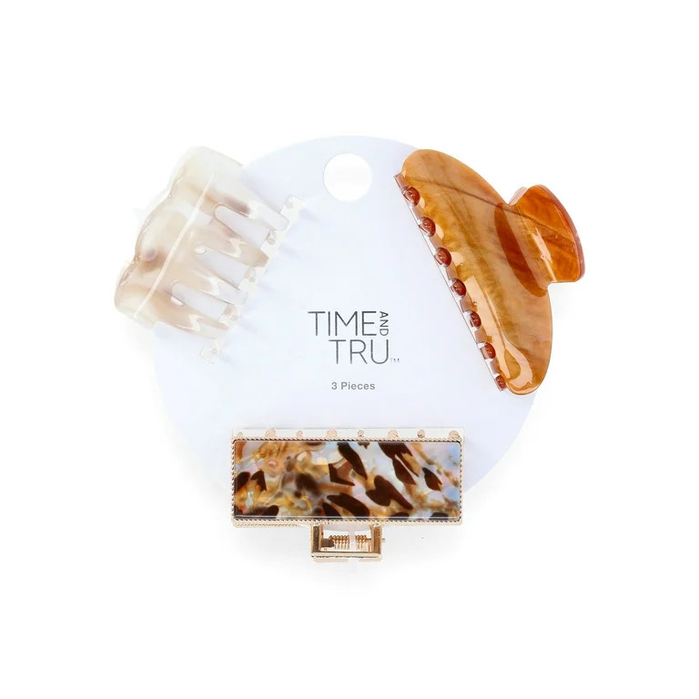 Time and Tru Women’s Metal and Plastic Hair Claw Clip Set, 3-Piece | Walmart (US)