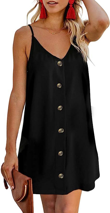 AlvaQ Women Summer Spaghetti Strap Button Down V Neck Sleeveless Casual Mini Dress | Amazon (US)