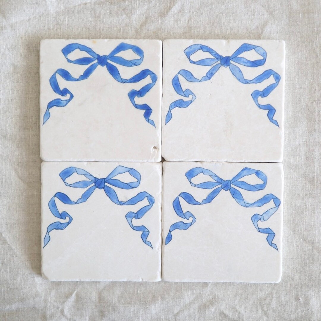 Blue Bow Marble Coasters, Gift for Grand Millennial, Coastal Grandmother Decor, Blue and White De... | Etsy (US)