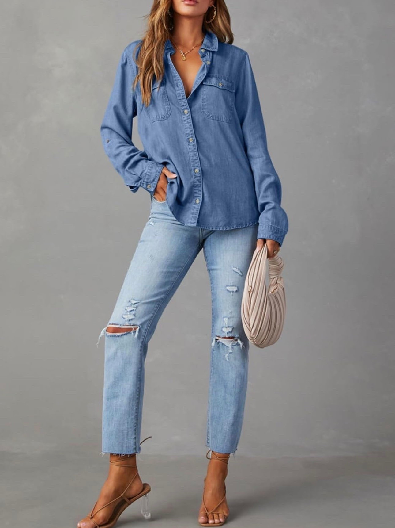 Button Down Denim Shirts Casual Long Sleeve V Neck Chambray Blouse Top

#LTKWorkwear
