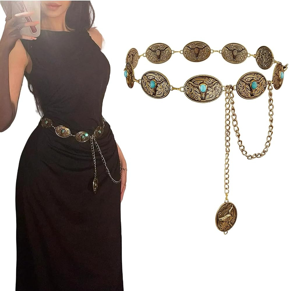 Western Metal Concho Belt for Women Cowgirl Chain Belts for Dresses Jeans Country Concert Outfit ... | Amazon (US)