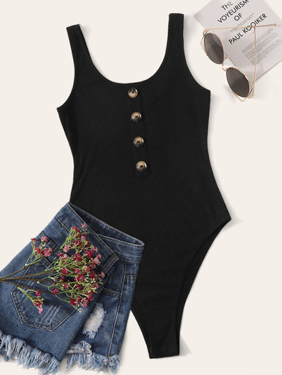 SHEIN Button Front Rib-knit Tank Bodysuit | SHEIN