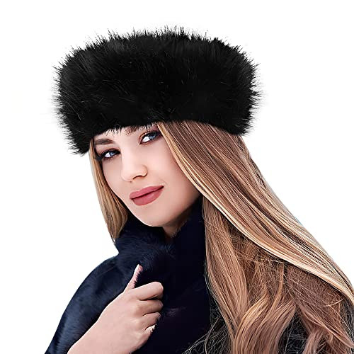 Lusofie Womens Faux Fur Headbands Black Faux Fur Headband Winter Fluffy Headband with Elastic(58-60cm/22-23.62inch) | Amazon (US)