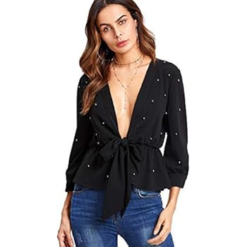 SheIn Women's Sexy Deep V Neck 3/4 Sleeves Beaded Self Tie Blouses | Amazon (US)