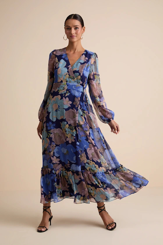 Feeling Sweet Navy Floral Print Long Sleeve Wrap Maxi Dress | Lulus