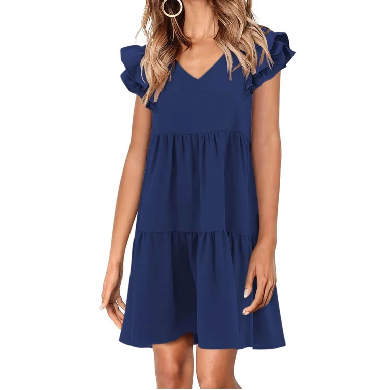 Summer V-neck Solid Color Cap Sleeve Casual Ruffle Mini Dress | Walmart (US)