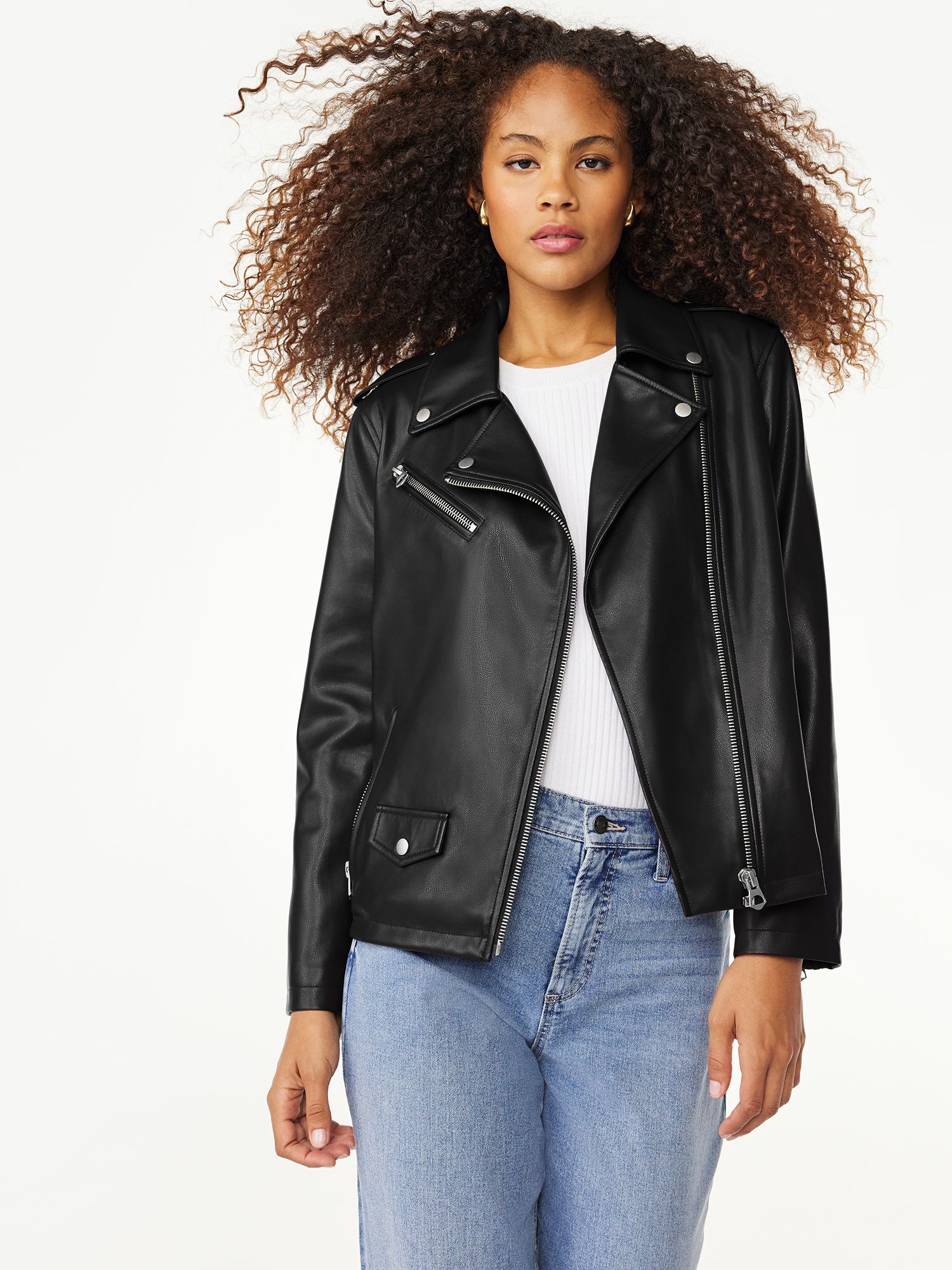 Scoop Women's Faux Leather Moto Jacket - Walmart, Walmart Jacket, Street Wear Outfit, Walmart OOTD | Walmart (US)