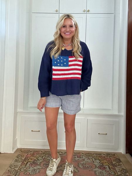 The cutest flag sweater for summer!   I love it paired with these shorts! Wearing smalls. Code FANCY15 for 15% off 

#LTKStyleTip #LTKFindsUnder100 #LTKSeasonal
