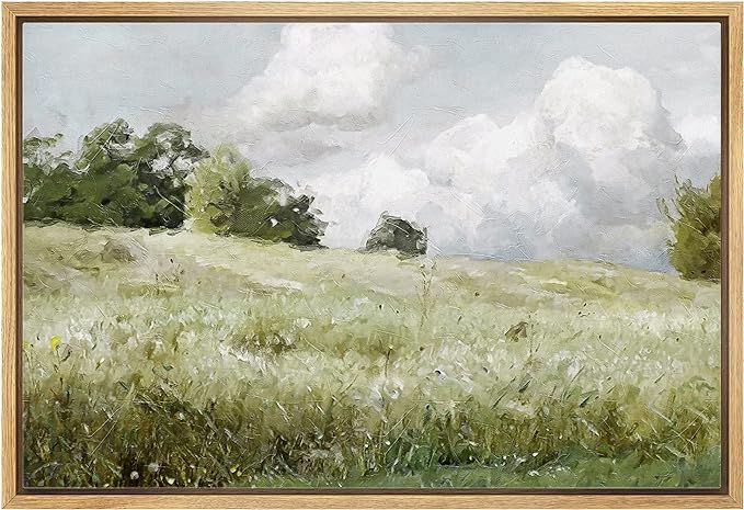 wall26 Framed Canvas Print Wall Art Green Meadow Under Stormy Clouds Nature Wilderness Illustrati... | Amazon (US)
