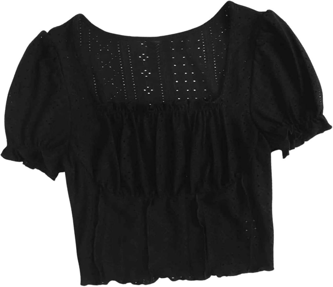 SheIn Women's Ruched Puff Sleeve Crop Top Square Neck Eyelet Embroidery T Shirt Tops | Amazon (US)