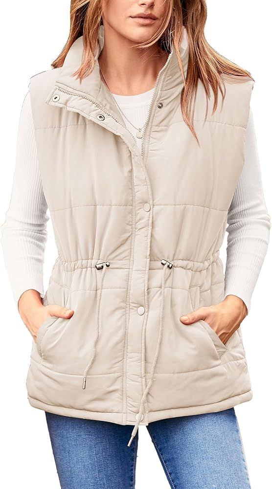 BTFBM Women's Casual Outerwear Vest Button Down Zip Up Padded Gilet Drawstring Sleeveless Jackets... | Amazon (US)