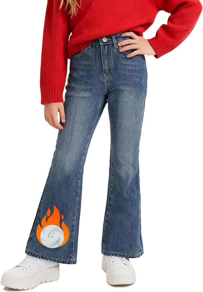 Blukraf Bell Bottoms for Girls Bootcut Jeans, Warm Winter Pants Kid Jeans Fleece Lined Leggings G... | Amazon (US)