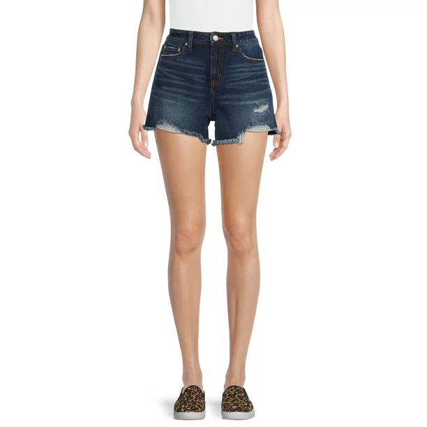 Time and Tru Women's High Rise Frayed Hem Vintage Denim Short - Walmart.com | Walmart (US)