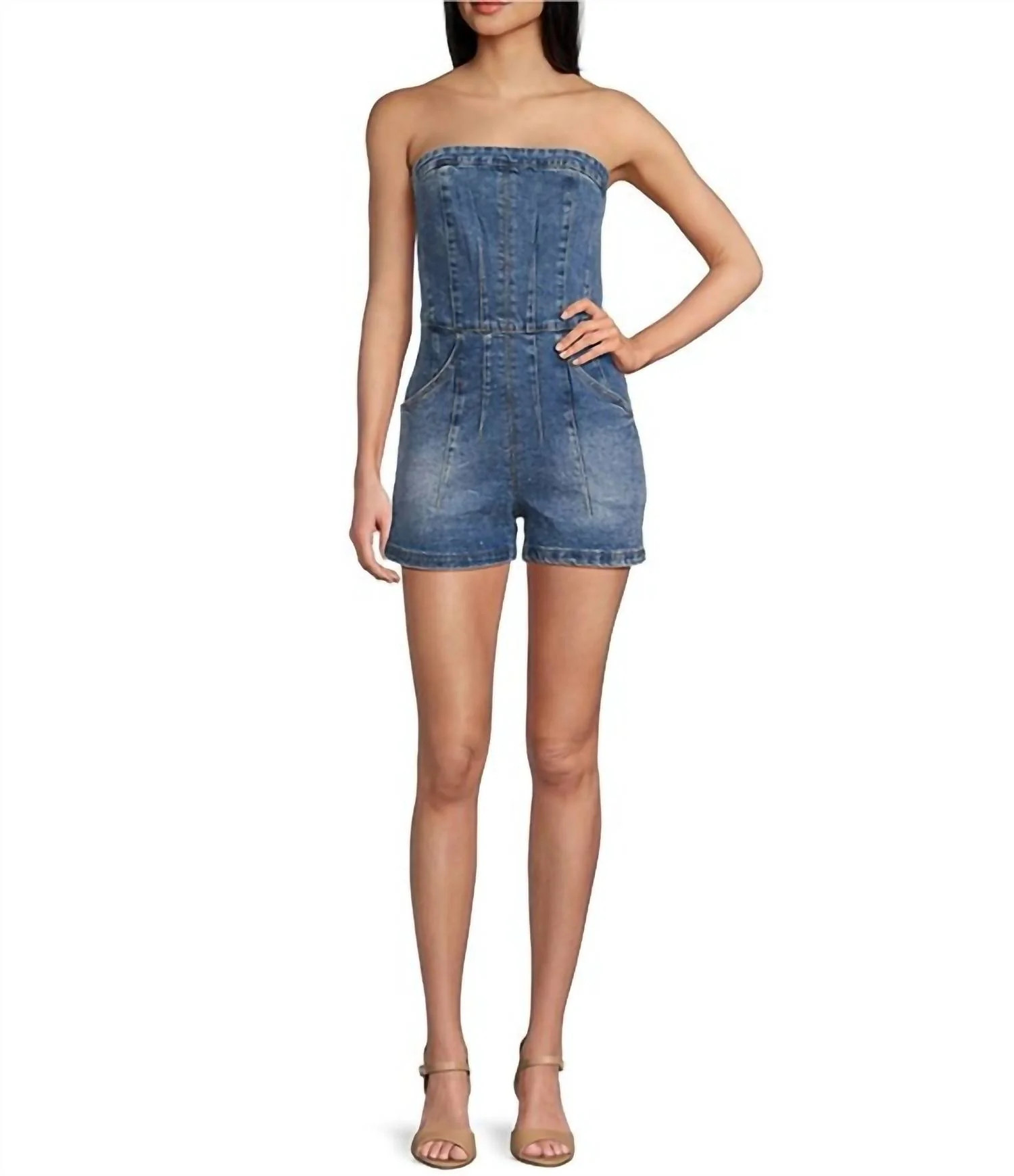 Strapless Denim Rhinestone Romper In Blue | Shop Simon