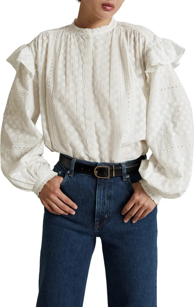 Floral Embroidered Ruffle Cotton Button-Up Top | Nordstrom