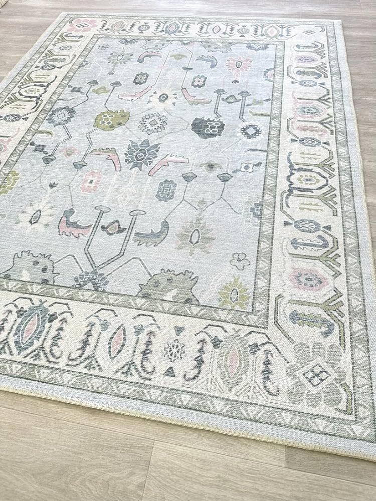 Cream Blue Oushak Rug, Modern Rugs, Vintage, Turkish, Eclectic, Floral, Pastel, Washable, Small T... | Amazon (US)