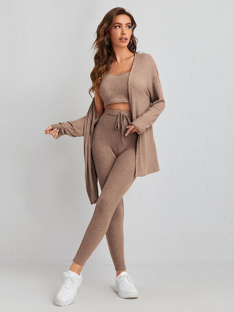 SHEIN Unity Waffle Knit Tank Top And Leggings Set With Coat | SHEIN