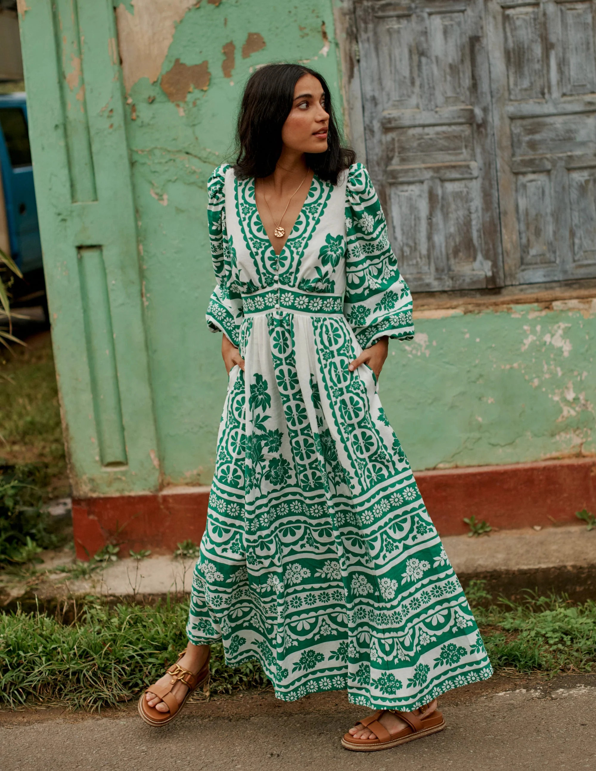 Lola Blouson Maxi Dress-Rich Emerald, Ornate Tropics | Boden UK
